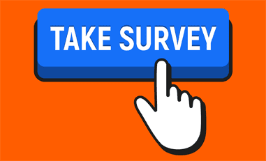 A hand pointing to the word " take survey ".